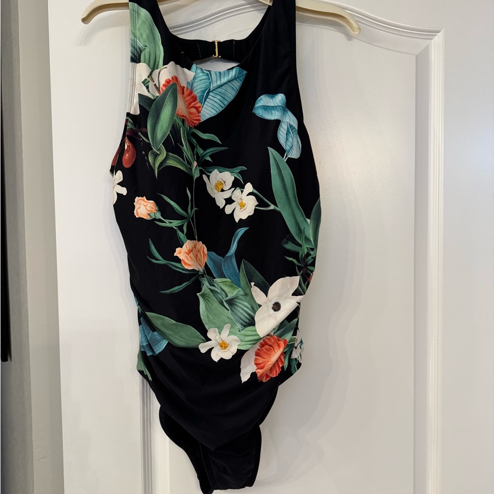 Jantzen Black and Green Bodysuit Swimwear with Classic Tropical Design